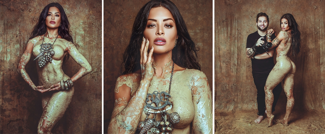 Coberta por argila, Aline Riscado faz ensaio fotográfico sobre enredo da Vila Isabel